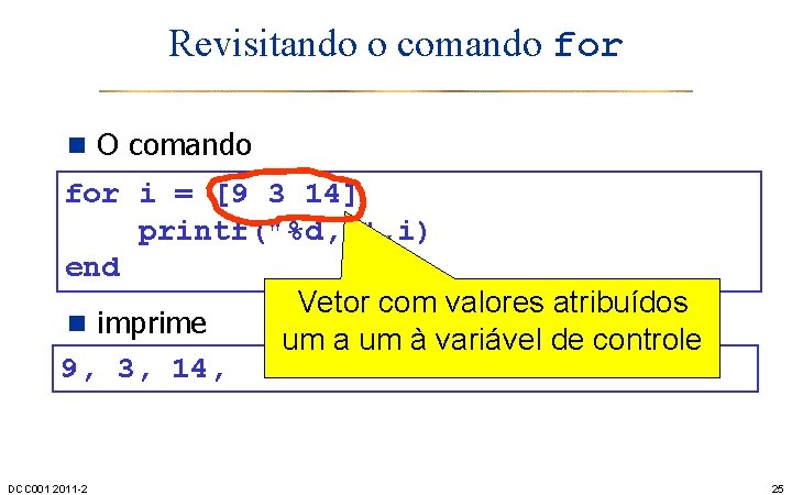 Revisitando o comando for n O comando for i = [9 3 14] printf("%d,