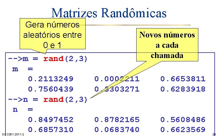 Matrizes Randômicas Gera números aleatórios entre 0 e 1 -->m = rand(2, 3) m