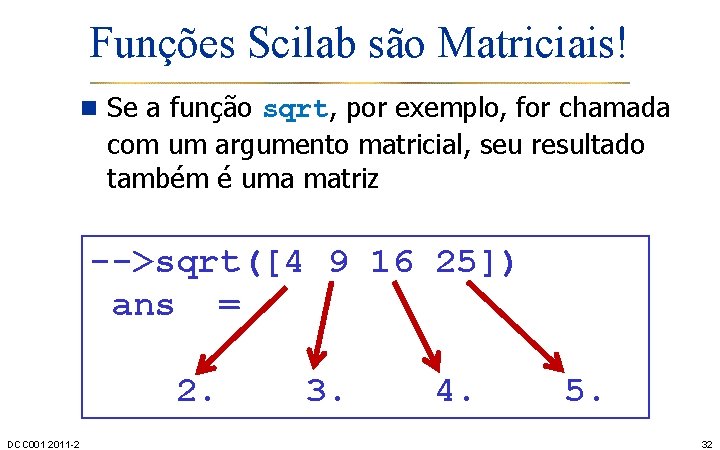 Funções Scilab são Matriciais! n Se a função sqrt, por exemplo, for chamada com