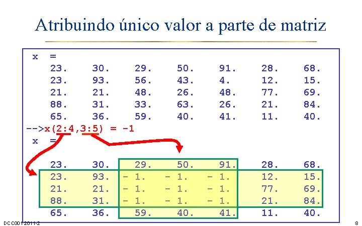 Atribuindo único valor a parte de matriz x = 23. 30. 29. 23. 93.