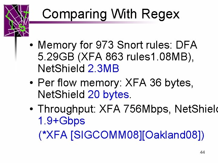 Comparing With Regex • Memory for 973 Snort rules: DFA 5. 29 GB (XFA