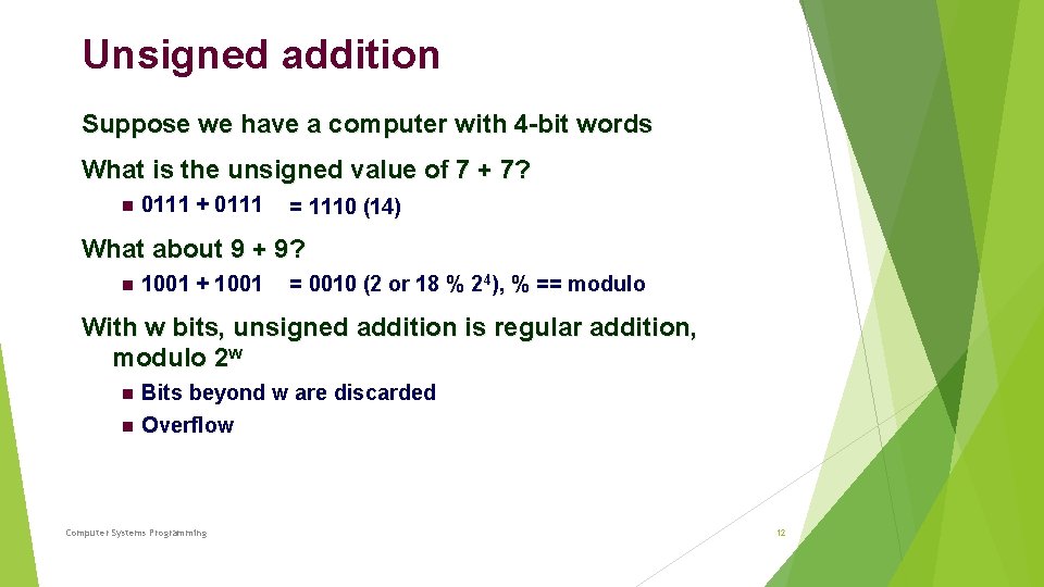 Unsigned addition Suppose we have a computer with 4 -bit words What is the