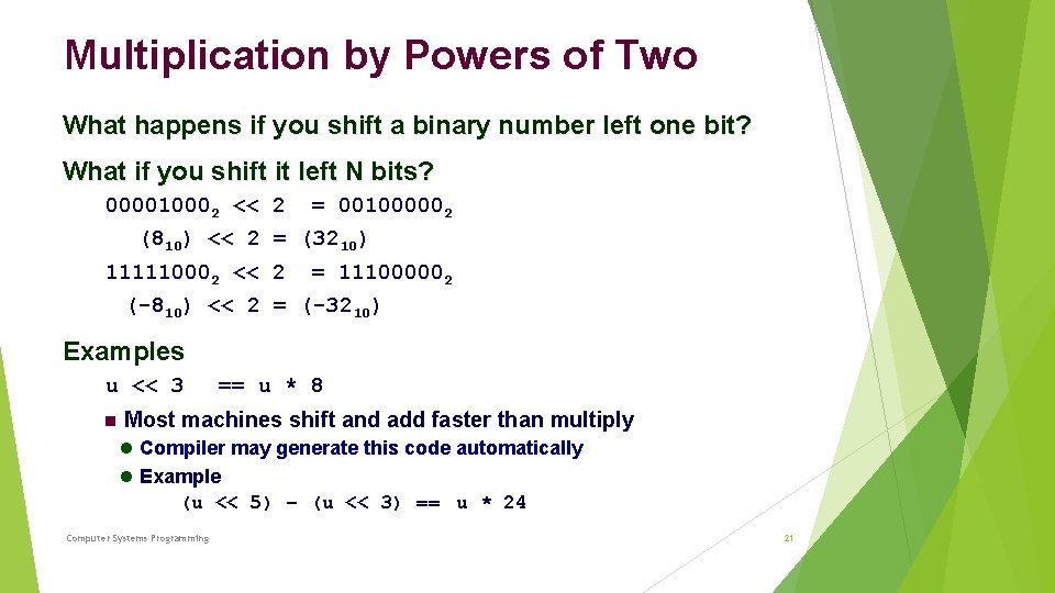 Multiplication by Powers of Two What happens if you shift a binary number left