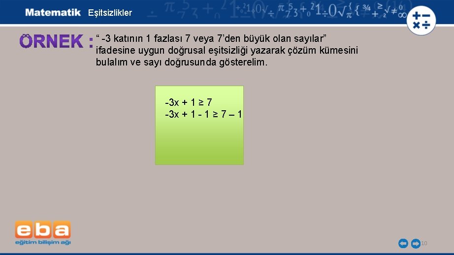 Eşitsizlikler “ -3 katının 1 fazlası 7 veya 7’den büyük olan sayılar” ifadesine uygun