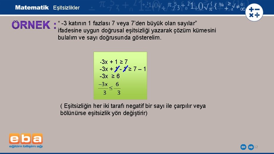 Eşitsizlikler “ -3 katının 1 fazlası 7 veya 7’den büyük olan sayılar” ifadesine uygun