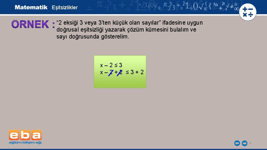 Eşitsizlikler “ 2 eksiği 3 veya 3’ten küçük olan sayılar” ifadesine uygun doğrusal eşitsizliği