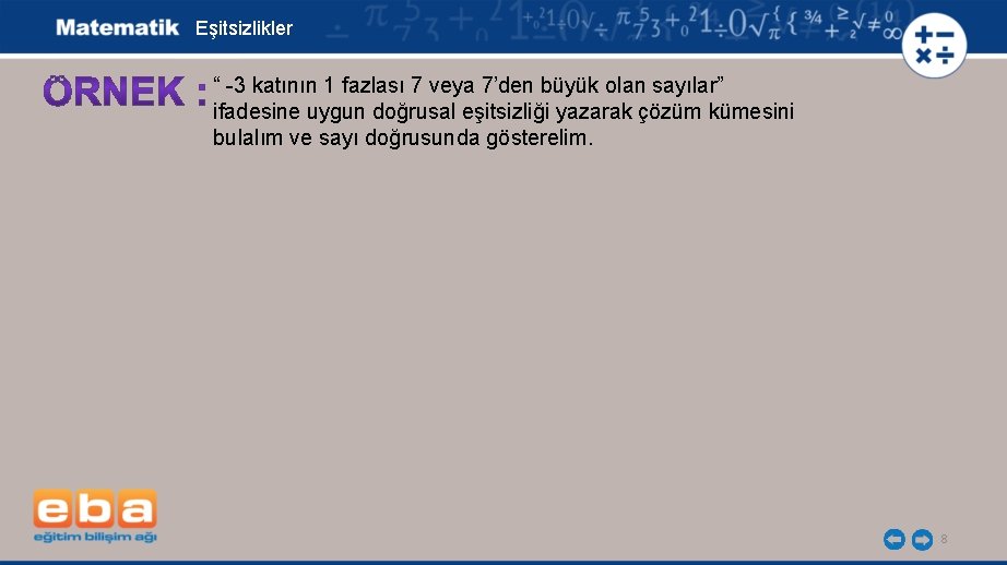 Eşitsizlikler “ -3 katının 1 fazlası 7 veya 7’den büyük olan sayılar” ifadesine uygun