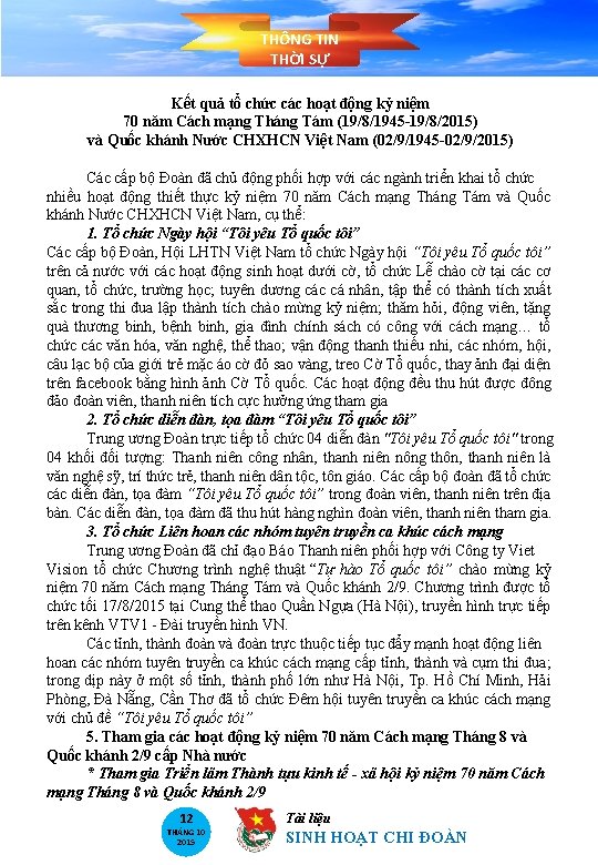 THÔNG TIN THỜI SỰ Kết quả tổ chức các hoạt động kỷ niệm 70