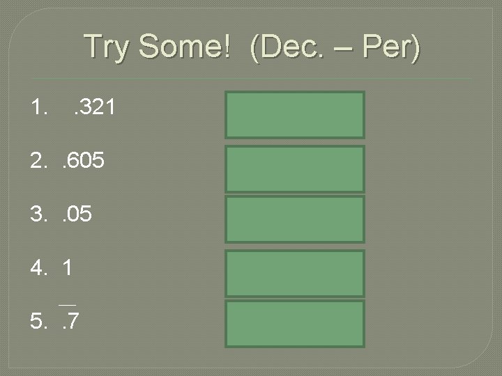 Try Some! (Dec. – Per) 1. . 321 1. 32. 1% 2. . 605