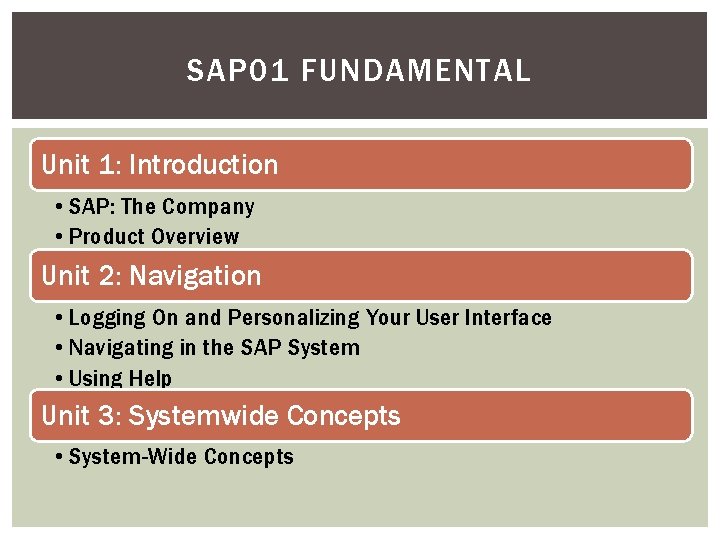 SAP 01 FUNDAMENTAL Unit 1: Introduction • SAP: The Company • Product Overview Unit