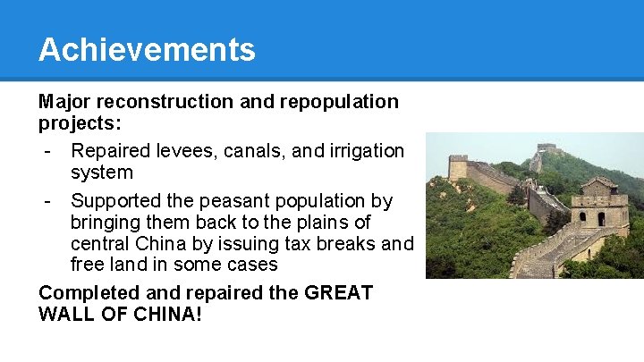 Achievements Major reconstruction and repopulation projects: - Repaired levees, canals, and irrigation system -