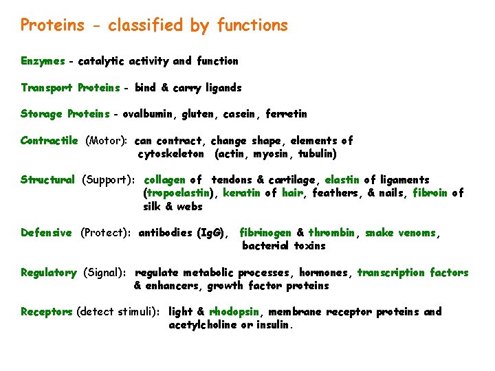 Proteins - classified by functions Enzymes - catalytic activity and function Transport Proteins -