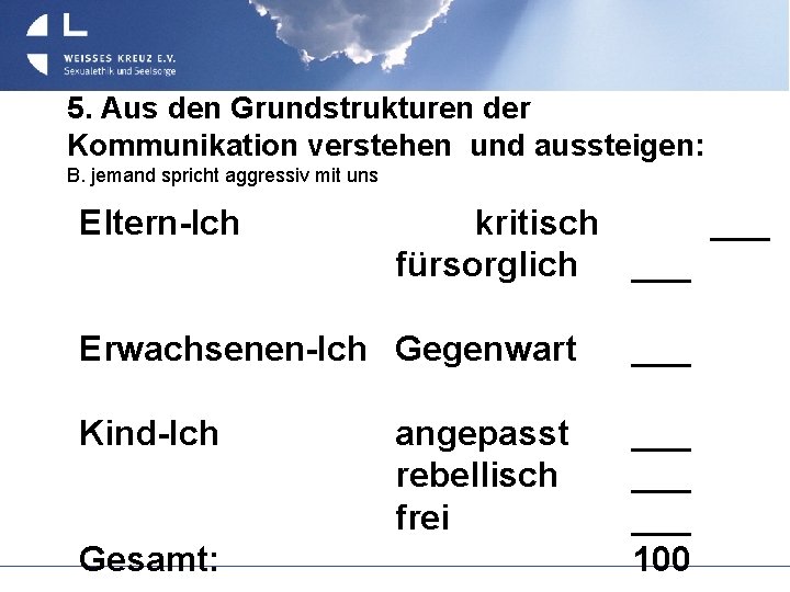 5. Aus den Grundstrukturen der Kommunikation verstehen und aussteigen: B. jemand spricht aggressiv mit