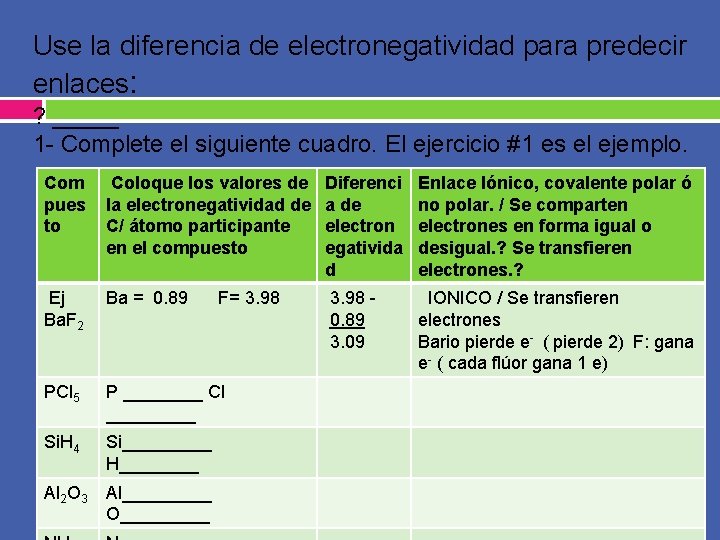 Use la diferencia de electronegatividad para predecir enlaces: ? _____ 1 - Complete el