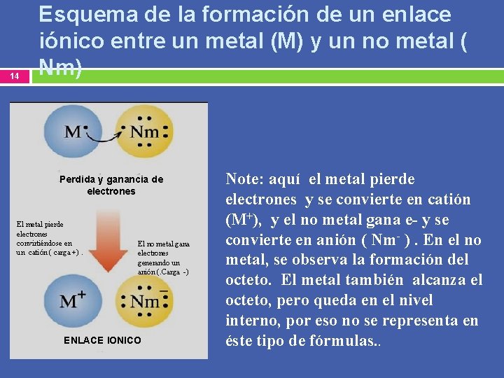 14 Esquema de la formación de un enlace iónico entre un metal (M) y