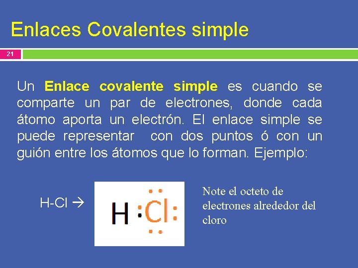 Enlaces Covalentes simple 21 Un Enlace covalente simple es cuando se comparte un par