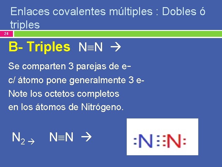 Enlaces covalentes múltiples : Dobles ó triples 24 B- Triples N N Se comparten