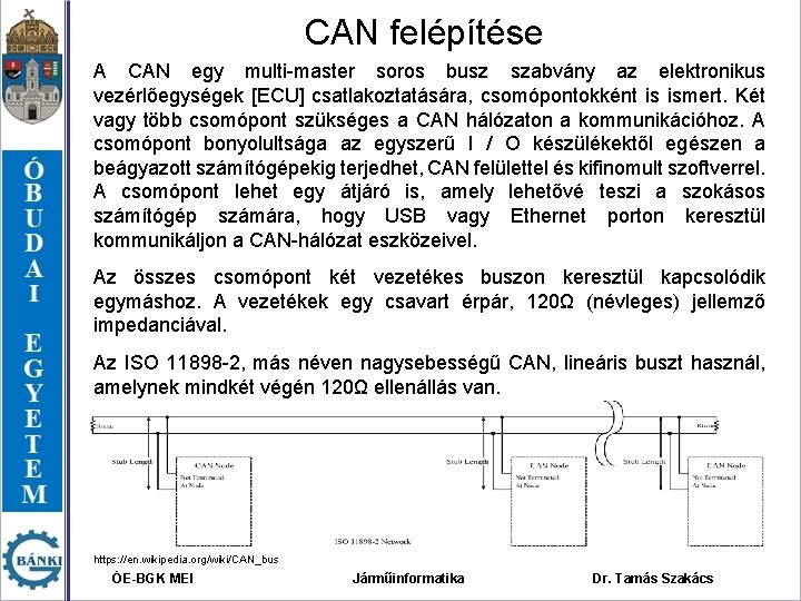 CAN felépítése A CAN egy multi-master soros busz szabvány az elektronikus vezérlőegységek [ECU] csatlakoztatására,
