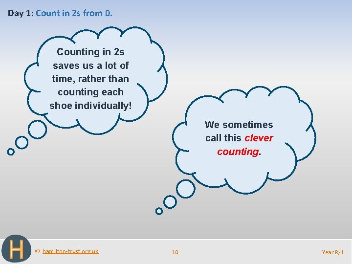 Day 1: Count in 2 s from 0. Counting in 2 s saves us