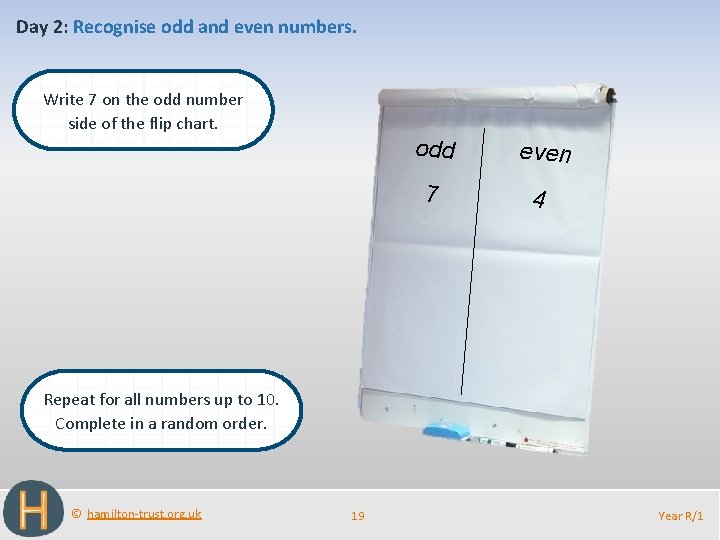 Day 2: Recognise odd and even numbers. Write 7 on the odd number side