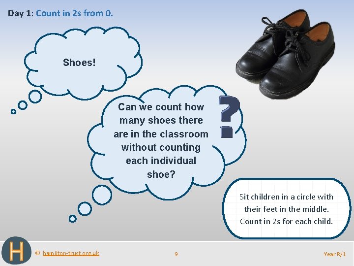 Day 1: Count in 2 s from 0. Shoes! Can we count how many