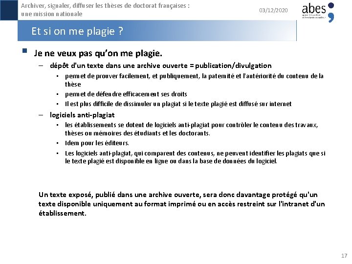 Archiver, signaler, diffuser les thèses de doctorat françaises : une mission nationale 03/12/2020 Et