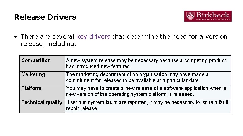 Release Drivers • There are several key drivers that determine the need for a Release Drivers • There are several key drivers that determine the need for a