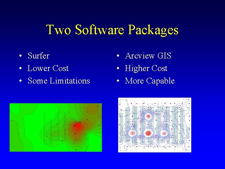 Two Software Packages • Surfer • Lower Cost • Some Limitations • Arcview GIS Two Software Packages • Surfer • Lower Cost • Some Limitations • Arcview GIS
