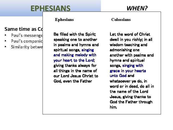 EPHESIANS Ephesians Same time as Colossians and Philemon Be filled with the Spirit; •