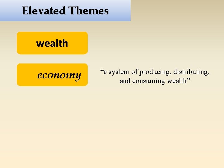 Elevated Themes wealth oikonomia economy “a system of producing, distributing, and consuming wealth” 