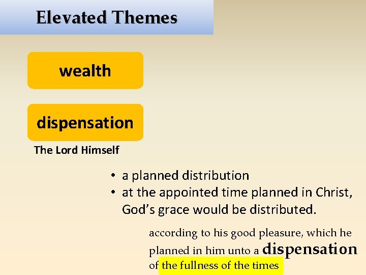 Elevated Themes wealth dispensation The Lord Himself • a planned distribution • at the