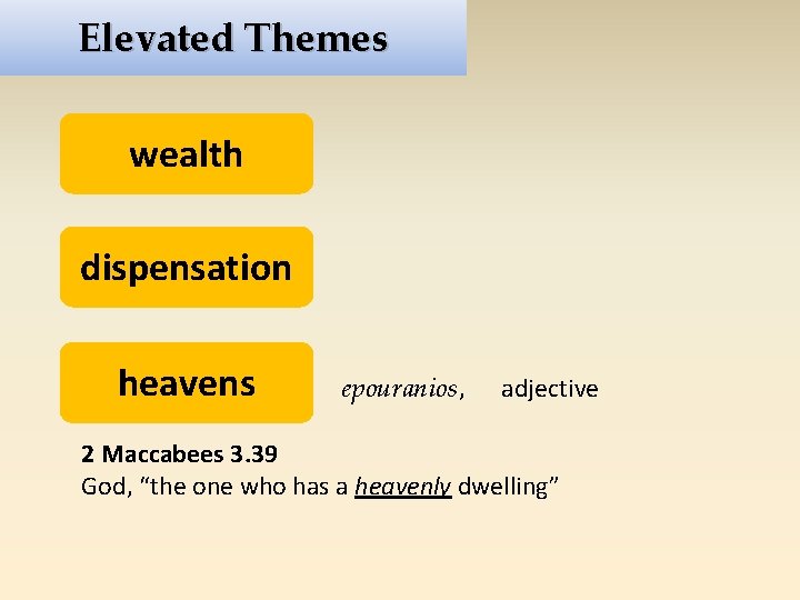 Elevated Themes wealth dispensation heavens epouranios, adjective 2 Maccabees 3. 39 God, “the one