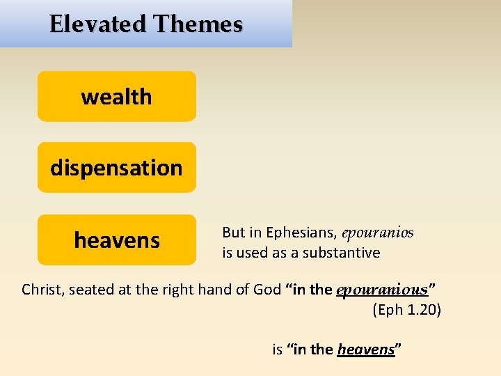 Elevated Themes wealth dispensation heavens But in Ephesians, epouranios is used as a substantive