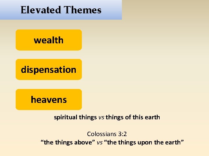 Elevated Themes wealth dispensation heavens spiritual things vs things of this earth Colossians 3: