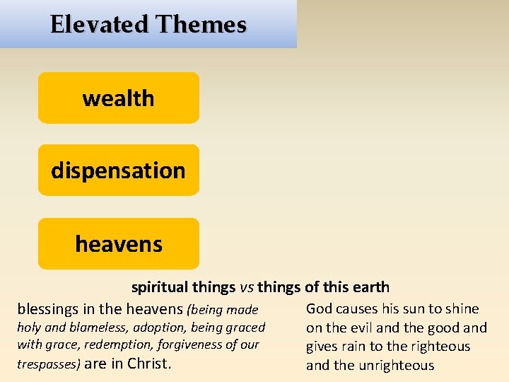 Elevated Themes wealth dispensation heavens spiritual things vs things of this earth God causes