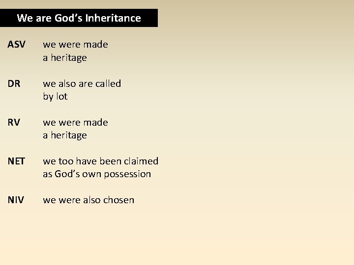 We are God’s Inheritance ASV we were made a heritage DR we also are