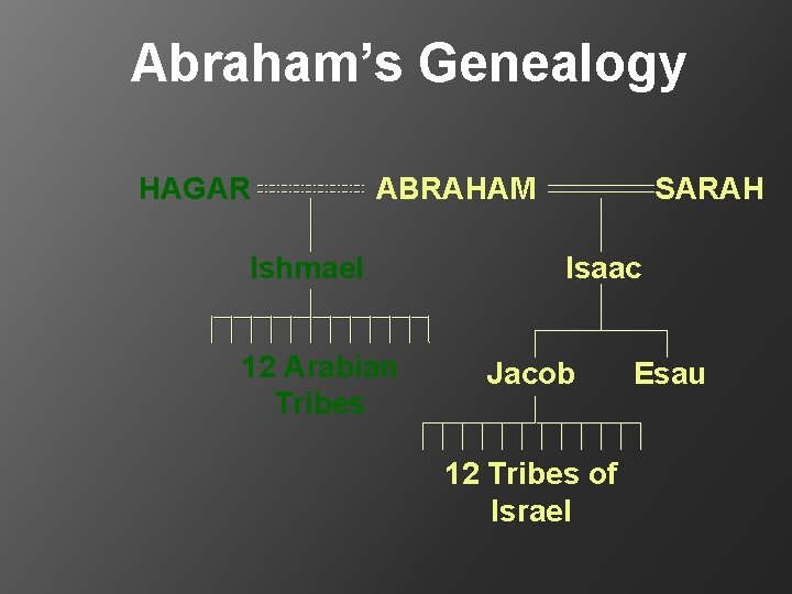 Abraham’s Genealogy HAGAR ABRAHAM Ishmael 12 Arabian Tribes SARAH Isaac Jacob 12 Tribes of