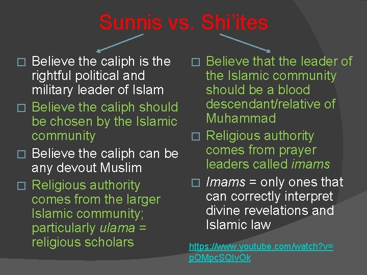 Sunnis vs. Shi’ites Believe the caliph is the � Believe that the leader of