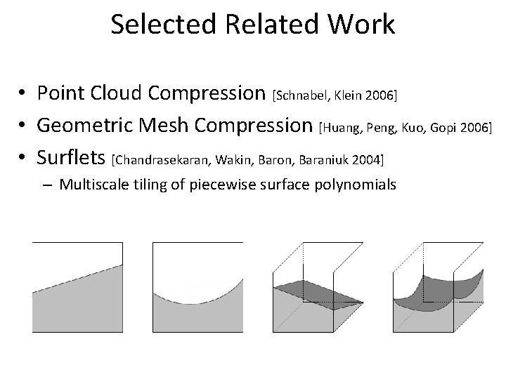 Selected Related Work • Point Cloud Compression [Schnabel, Klein 2006] • Geometric Mesh Compression