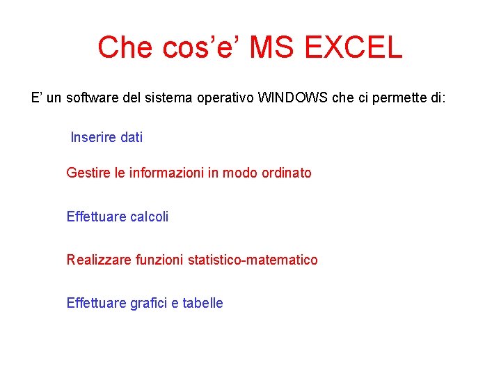 Che cos’e’ MS EXCEL E’ un software del sistema operativo WINDOWS che ci permette