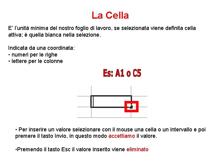 La Cella E’ l’unità minima del nostro foglio di lavoro, se selezionata viene definita