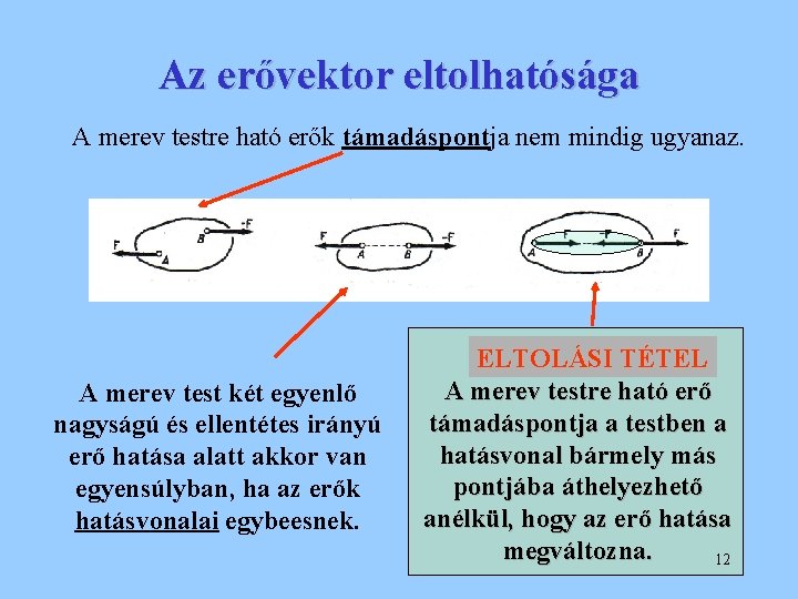 Az erővektor eltolhatósága A merev testre ható erők támadáspontja nem mindig ugyanaz. A merev