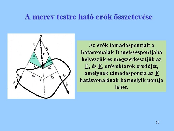 A merev testre ható erők összetevése Az erők támadáspontjait a hatásvonalak D metszéspontjába helyezzük