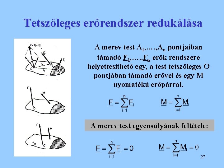 Tetszőleges erőrendszer redukálása A merev test A 1, …. , An pontjaiban támadó F