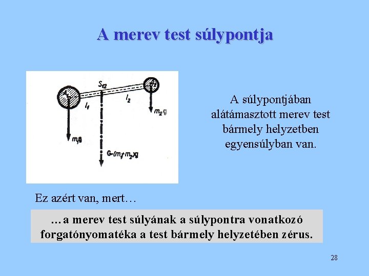 A merev test súlypontja A súlypontjában alátámasztott merev test bármely helyzetben egyensúlyban van. Ez
