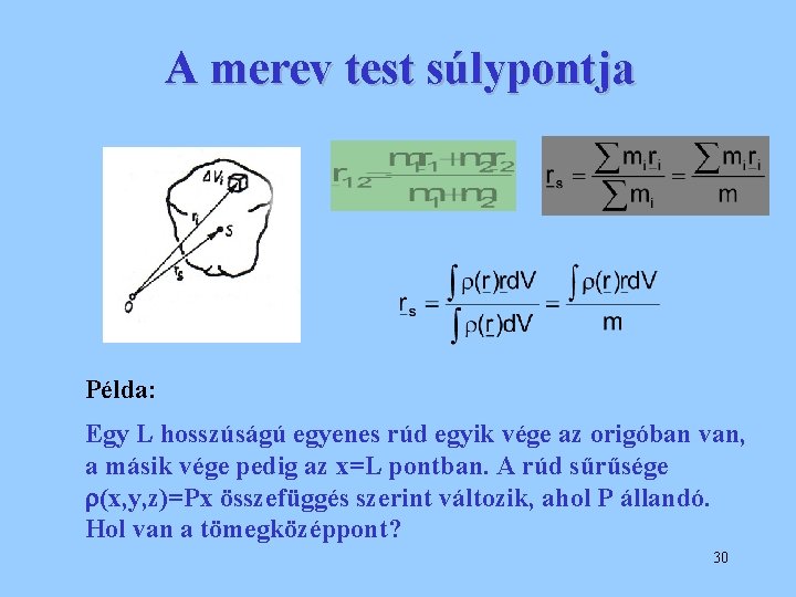 A merev test súlypontja Példa: Egy L hosszúságú egyenes rúd egyik vége az origóban