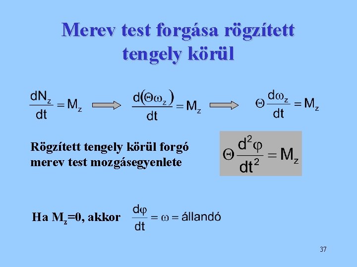 Merev test forgása rögzített tengely körül Rögzített tengely körül forgó merev test mozgásegyenlete Ha