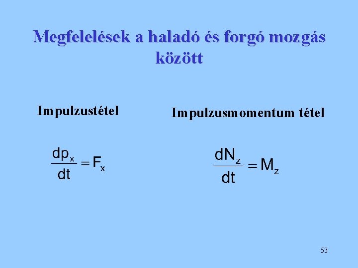 Megfelelések a haladó és forgó mozgás között Impulzustétel Impulzusmomentum tétel 53 