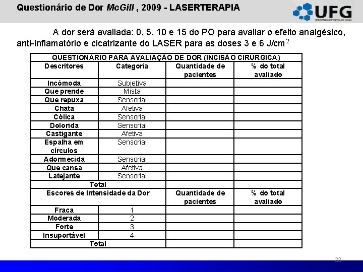 Questionário de Dor Mc. Gill , 2009 - LASERTERAPIA A dor será avaliada: 0, Questionário de Dor Mc. Gill , 2009 - LASERTERAPIA A dor será avaliada: 0,