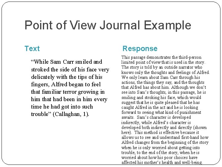 Point of View Journal Example Text “While Sam Carr smiled and stroked the side